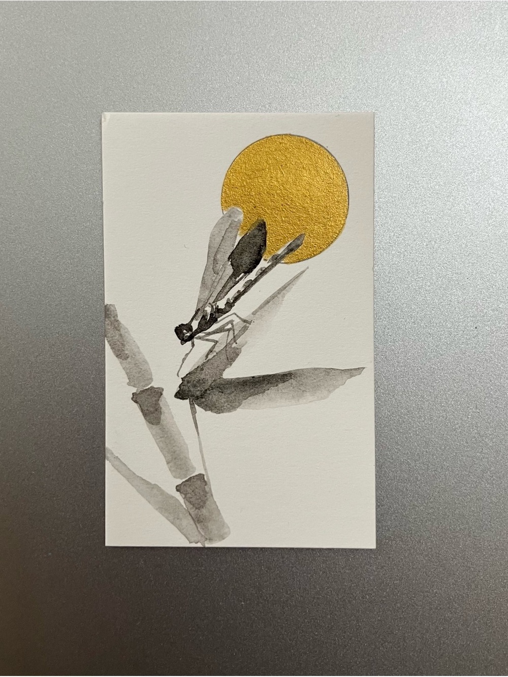 Original dragonfly painting miniature realism art sumi-e style ink gift artwork